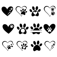 Hearts with the paws of dogs and cats. Paws prints dog. Love dogs. Animal love symbol paw print with heart. Line vector illustration.  Isolated on white background. - obrazy, fototapety, plakaty