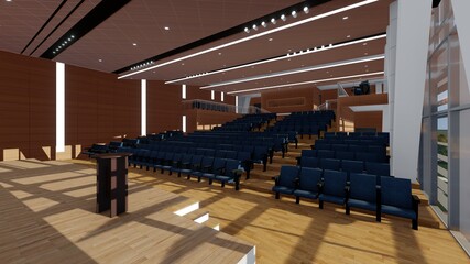 vista desde la plataforma de un sal&oacute;n de conferencias con luces y terminaci&oacute;n en madera