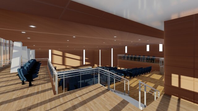 Auditorio con terminaci&oacute;n en madera vista desde el mezanine