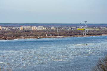 ice floats on the Volga River in spring