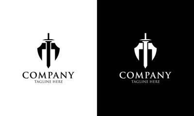 Lawyer Attorney Advocate Logo design vector template Linear style. Shield Sword Law Legal firm Security company logotype. Protect defense concept icon.