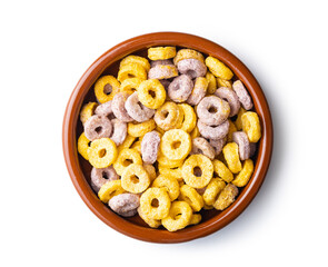 Colorful cereal rings in bowl.