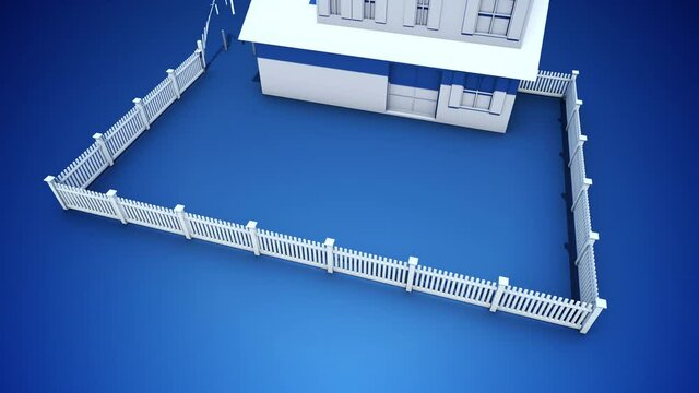 Fence Assembly Animation Around House Flyover. animation moves from the corner of a home as picket fence assembles and moves over to the other side on blue