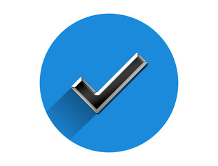 Metallic finished check icon with metal look on blue circle . 3d illustration
