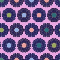 Vector seamless pattern colorful design of abstract lined flowers in purple tones