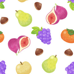色鉛筆手描き　秋のフルーツシームレスパターン（ベージュ）