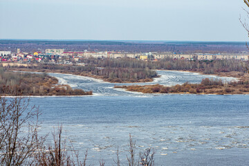 ice floats on the Volga River in spring
