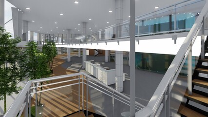 Lobby lugar de recepción a un edificio con grandes ventanales y doble altura incluye ambientación natural con arboles 