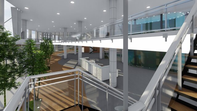 Lobby lugar de recepci&oacute;n a un edificio con grandes ventanales y doble altura incluye ambientaci&oacute;n natural con arboles 