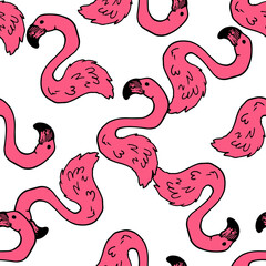 Pink flamingo pattern. Vector seamless pattern, from tropical bird pink flamingo with black outline hand-drawn in doodle style on white background, for summer design template, textile
