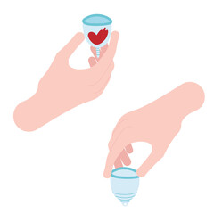 Hygiene products for women. The hand holds the menstrual cup. Isolated vector image on white background. 