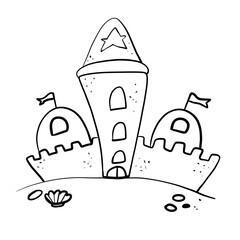 black and white children's coloring book doodle sand castle with three towers and a flat, with shells and stars isolated on a white background, sea, ocean, beach, building, architecture