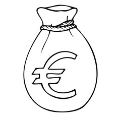 Hand draw illustration money bag. Outline Euro sack. Line art commercial icon, finance