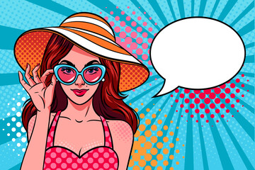 Woman wearing sunglasses, sun hat and speech bubble. Comic style, pop art vector illustration.