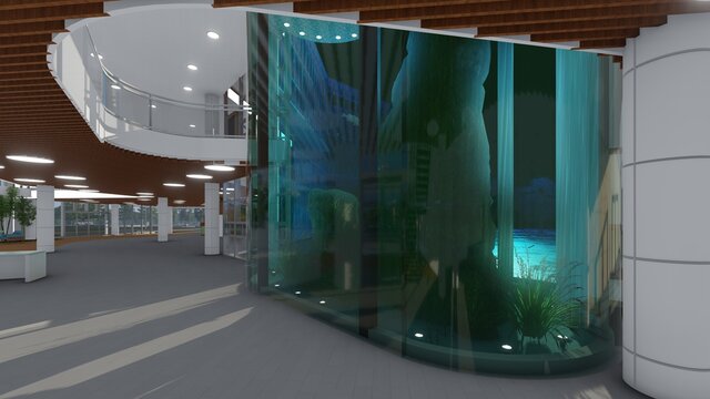 Espacio interior con acuario para peces de agua salada techo cubierto con paneles seriados de madera y luces interiores 