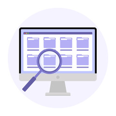 Purple folders on a computer monitor. Search folder.Vector isolated flat illustration.