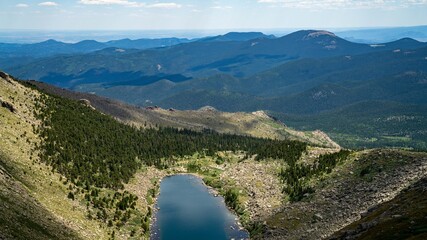 wide shot of mount evans in colorado with a lake in foreground