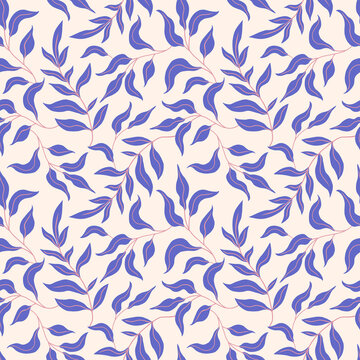 Seamless pattern with flat minimalism leaves. Hand drawn illustration. Texture for print, fabric, textile, wallpaper.