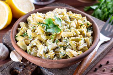 Fried green beans in a plate on a table. Healthy eating