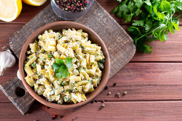 Fried green beans in a plate on a table. Healthy eating. Top view. Copy space for text