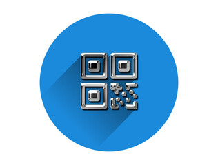 Metallic QR code icon with metal look on blue circle. 3d illustration
