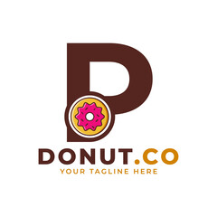 Initial Letter P Sweet Donut Logo Design. Logo for Cafes, Restaurants, Coffee Shops, Catering. - obrazy, fototapety, plakaty