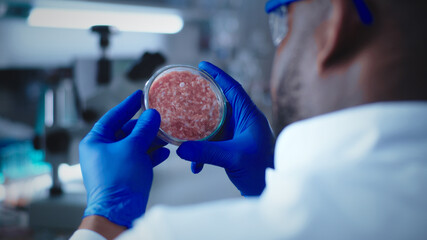 Crop black scientist checking meat in Petri dish