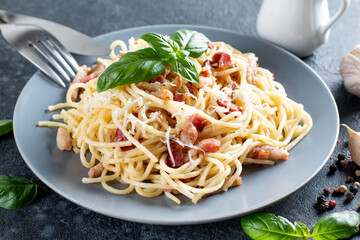 Classic homemade carbonara pasta with pancetta, egg, hard parmesan cheese and cream sauce. Spaghetti alla carbonara.