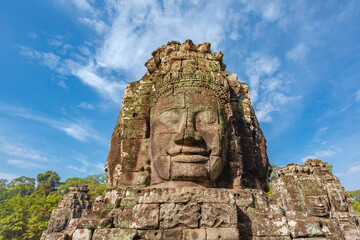Giant faces on Prasat Bayon temple, Angkor Thom, Angkor, Siem Reap province, Cambodia, Asia