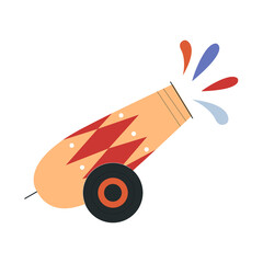 Cute circus cannon firing colorful paint. Concept of circus characters and equipment doing tricks and stunts for children, adults. Cannon firing. Flat cartoon vector illustration