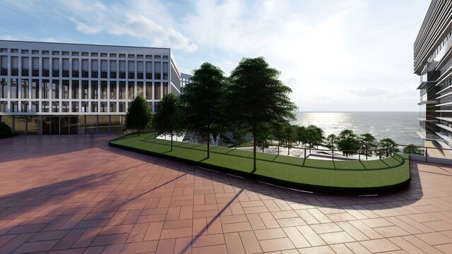 Render de techo verde ambientado con arboles de copa grande con visa al mar arquitectura ecol&oacute;gica