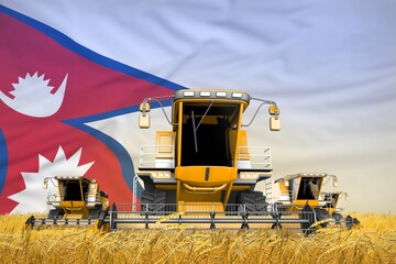 Fototapeta na wymiar four orange combine harvesters on farm field with flag background, Nepal agriculture concept - industrial 3D illustration