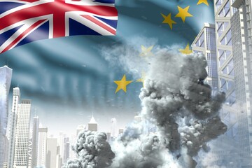 huge smoke column in abstract city - concept of industrial disaster or act of terror on Tuvalu flag background, industrial 3D illustration