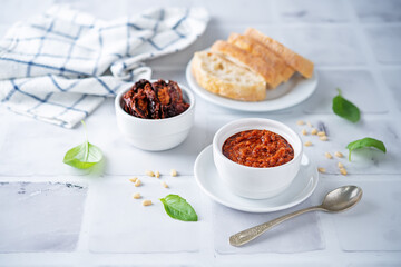 Dried tomatoes nuts pesto in a bowl