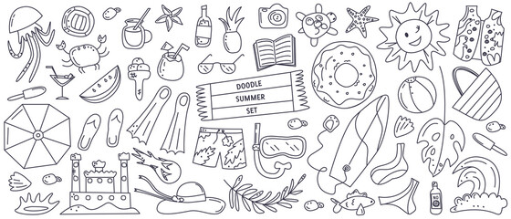 Monochrome horizontal summer beach symbols banner. Cute vacation hand drawn icons for wallpaper. Set including ice cream, surfboard, fruit, cocktails. Vector doodle line illustration isolated on white