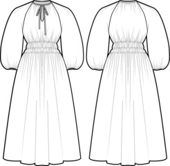 Cotton Midi Dress. Fashion vector sketch