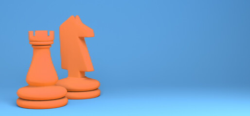 Chess pieces. Orange knight and tower on blue background. 3D illustration. Abstract. Banner.