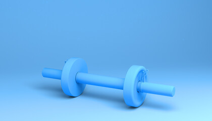 Long dumbbell with blue discs. 3D illustration. Fitness concept.