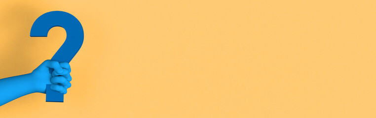 Hand holding blue question mark on yellow background with space to place text. 3D illustration.