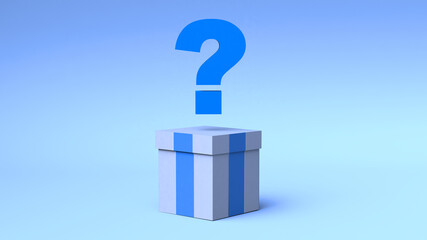 Gift box with question mark over it on blue background. Surprise box. 3D illustration.