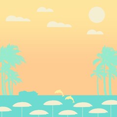 A beach resort with umbrellas and ocean view with jumping dolphins and cruise ship on the horizon flat illustration 