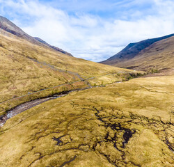 An aerial panorama up the River Etive near to Glencoe, Scotland on a summers day
