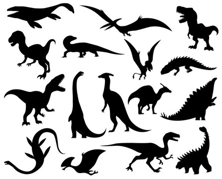 Collection silhouettes of dinosaurs. Dino monsters icons. Prehistoric reptile monsters. Vector illustration isolated on white. Sketch set. Hand drawn dino skeletons