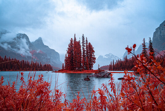 Otherworldly Beautiful Red Island in the Misty Mountains, shot in Infrared