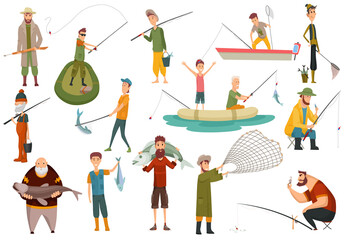 Fototapeta na wymiar Group fishermans fishing with fish. Set of fishing people with equipment for cutting fish. Vacation concept flat vector icon. Leisure and hobby catching fish