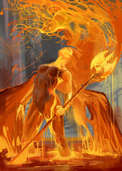 fiery girl emerging from lava, a fantasy character created from fire, she holds a spear in her hands, lava flows down her