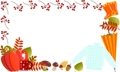 vector autumn leaves and berries and mushrooms, pumpkin, sweater and rain boots  red, orange, green, yellow and brown frame
