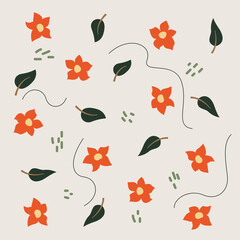 Abstract pattern with green leaves and orange flowers on a beige background. Hand drawing textures. Vector flat.