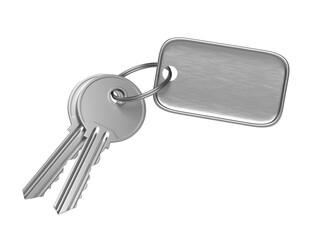 Metal door key with steel keyring and blank label for text or number isolated on white background. 3D render, 3d illustration