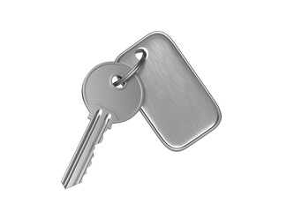 Metal door key with steel keyring and blank label for text or number isolated on white background. 3D render, 3d illustration